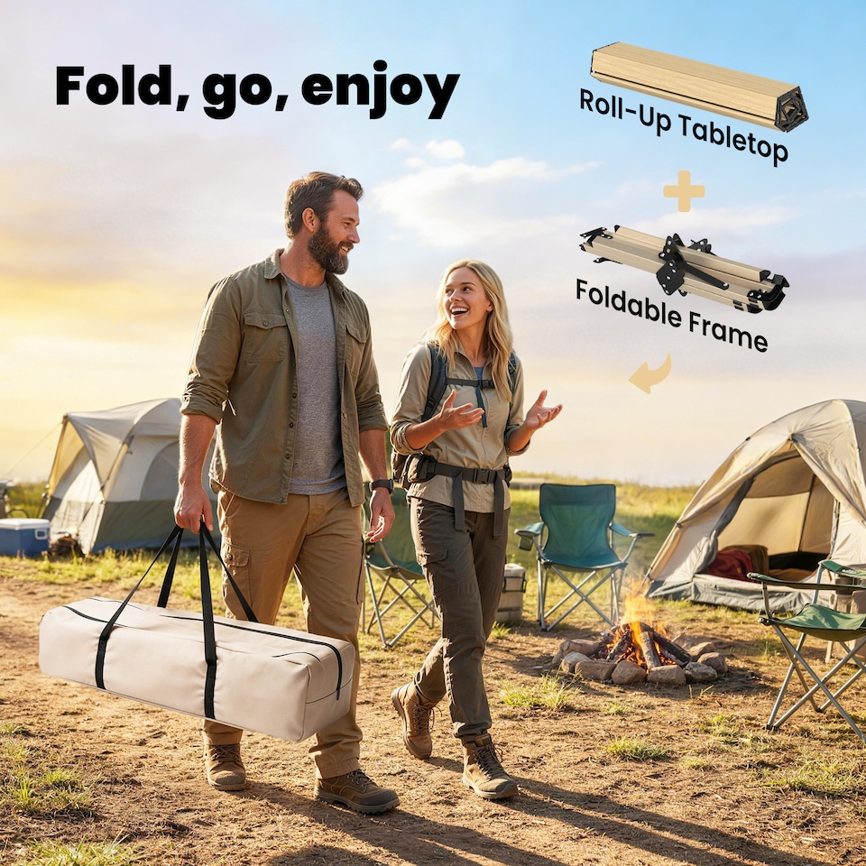 image 1 of Outsunny 4ft Folding Camping Table, Picnic Table with Roll Up Top, Brown | Brown | Dark Brown | 116 x 59 x 43 cm