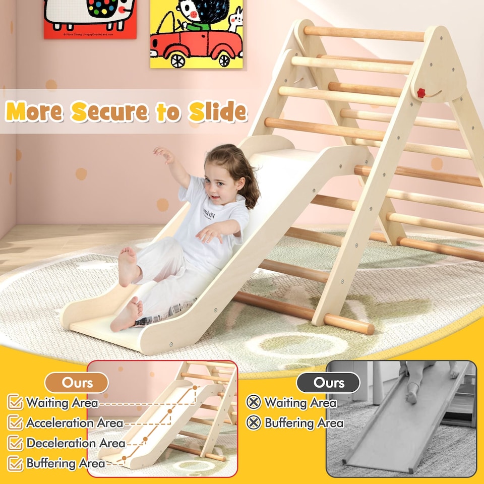 image 1 of COSTWAY Pikler Triangle Set Foldable Triangle Climber Climbing Toys-Natural