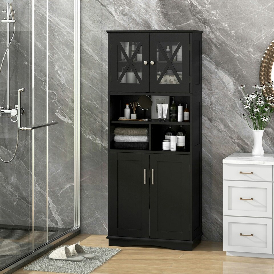 image 1 of COSTWAY Tall Bathroom Cabinet Floor Storage Cabinet Black