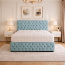 Light blue plush double chesterfield divan bed set with footboard and headboard 4 Drawers