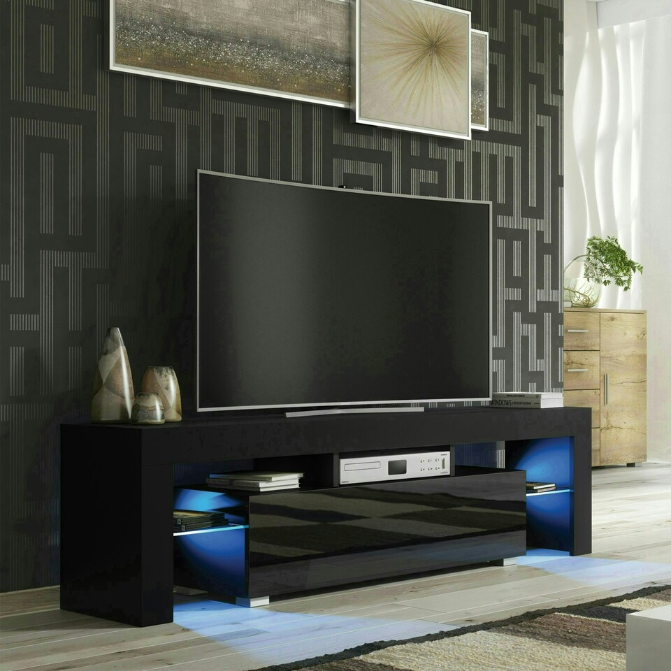 image 1 of TV Unit 160cm Black Gloss Door Black Matt Body with LED Glass Sides Black