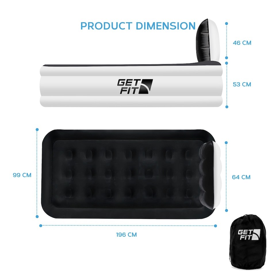 image 1 of Get Fit Air Bed With Built In Electric Pump - Premium Single Airbed - Quick Blow Up Bed With Headboard & Inflatable Pillow - Elevated Air Mattress- White/Black
