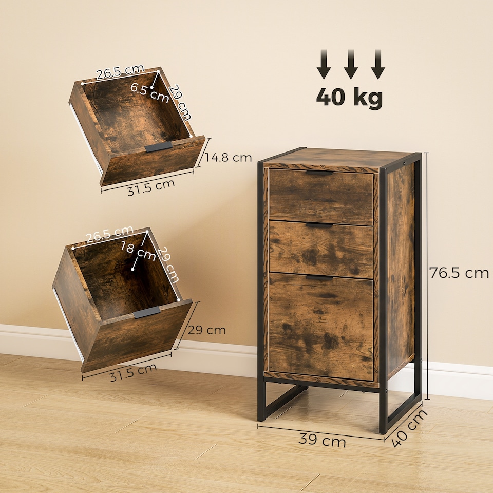 image 1 of HOMCOM Industrial 3-Drawer Bedroom Chest of Drawers with Metal Frame, Brown