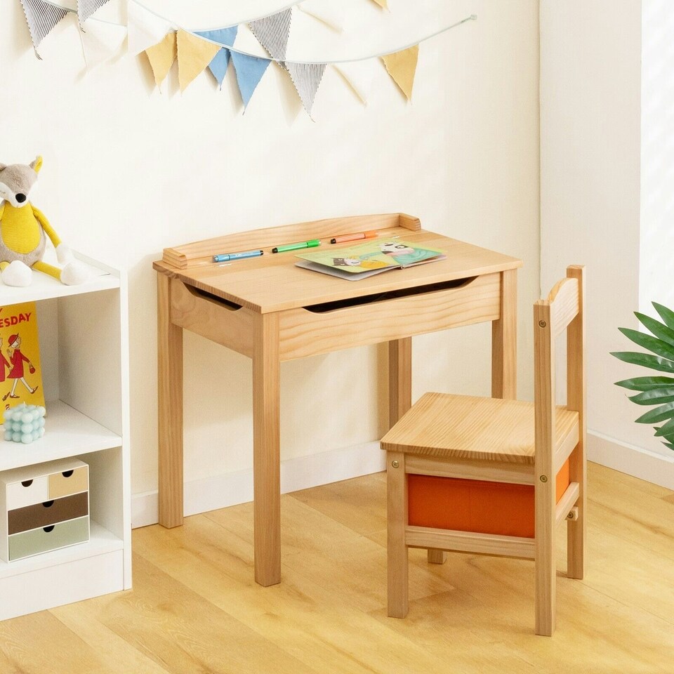 image 1 of COSTWAY Kids Table and Chair Activity Table Set Natural | Multi