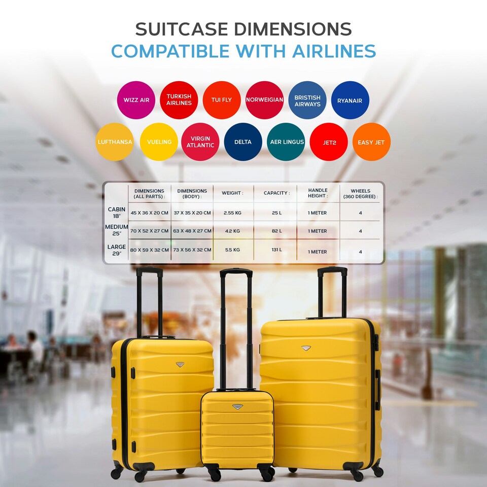 image 1 of Flight Knight Suitcase Sets 3 Piece, Large Suitcase, Extra Large Suitcase, easyJet Cabin Bag 45x36x20cm Underseat Carry On, 100+ Airlines Approved - BA, Ryanair Yellow | Yellow/Black  | Large