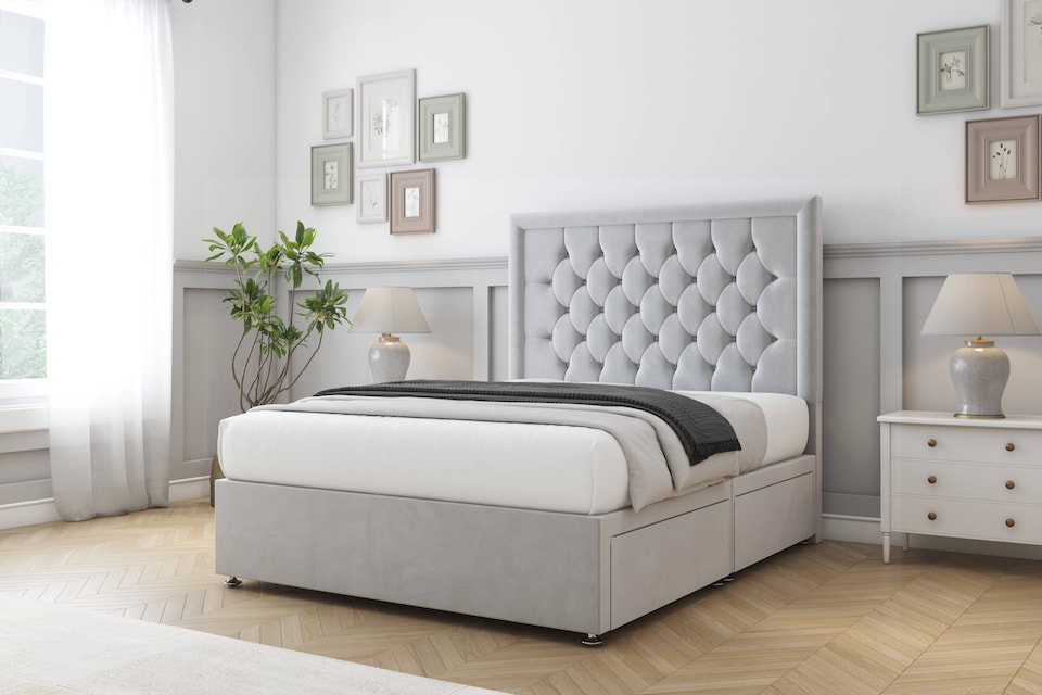 image 1 of Sloomy Montana Silver Plush Divan Bed Base 2 Drawers Same Side With 26 Inch Strutted Headboard | Silver | Silver | King | 1