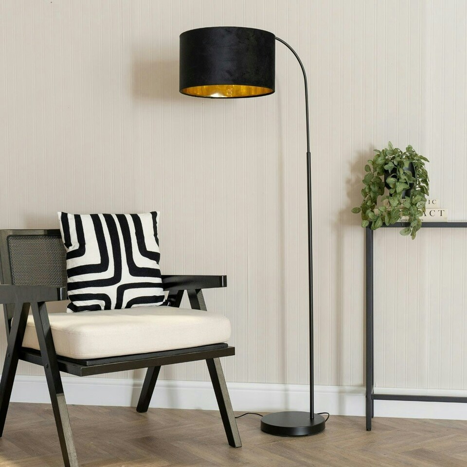 image 1 of ValueLights Curva Black Arched Floor Lamp with Black Velvet and Gold Inner Lamp Shade & Bulb