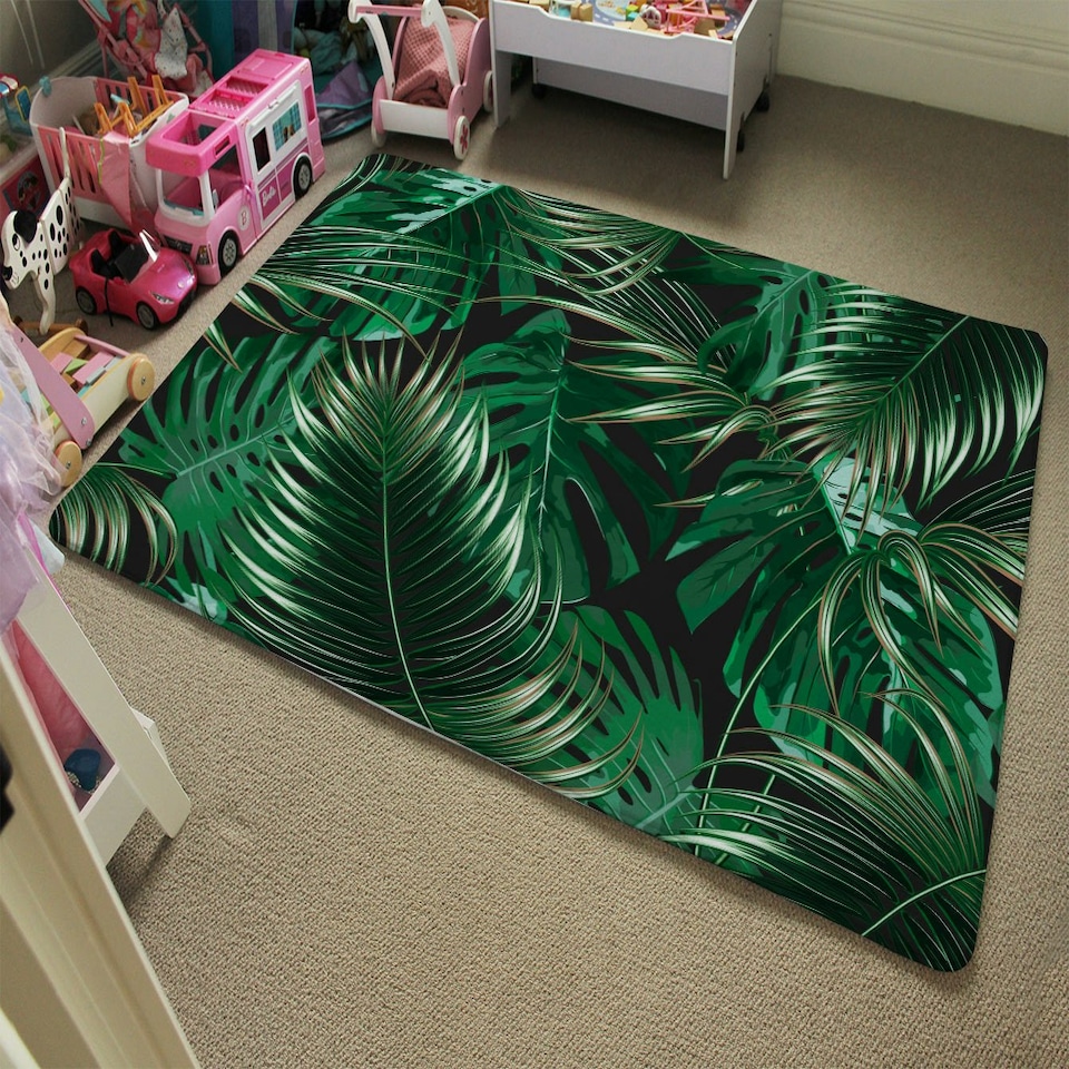 image 1 of Tropical Leaves on Black (Rug) Green | Small: 60x110cm