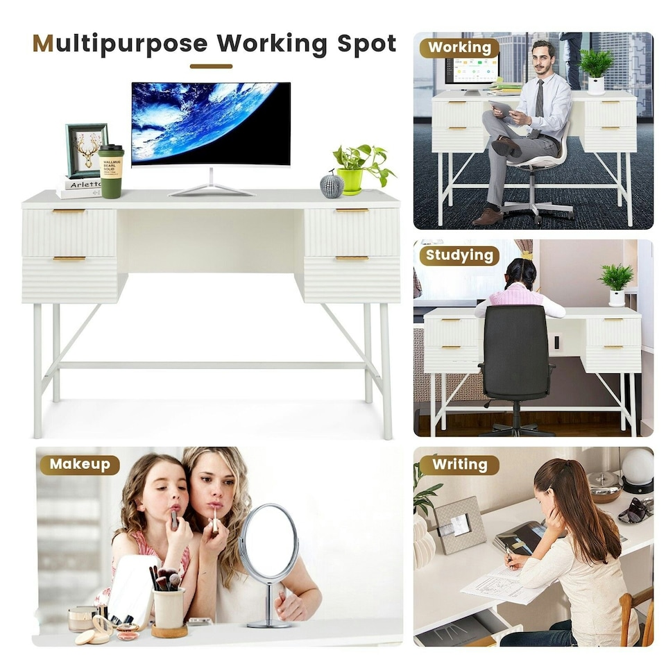 image 1 of COSTWAY Modern Computer Desk with 4 Drawers White