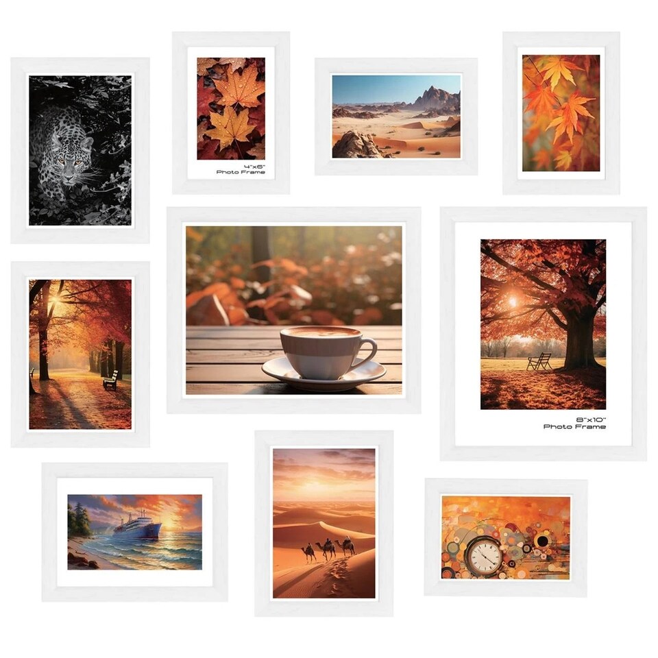 image 1 of 10 Pc Modern Photo Frame Set Wall Mountable and Freestanding Gallery | White | White | Not provided