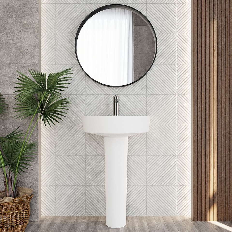 image 1 of Balterley Mila Ceramic D Shape Basin & Full Pedestal Bathroom Sink (Tap Not Included) | White | White