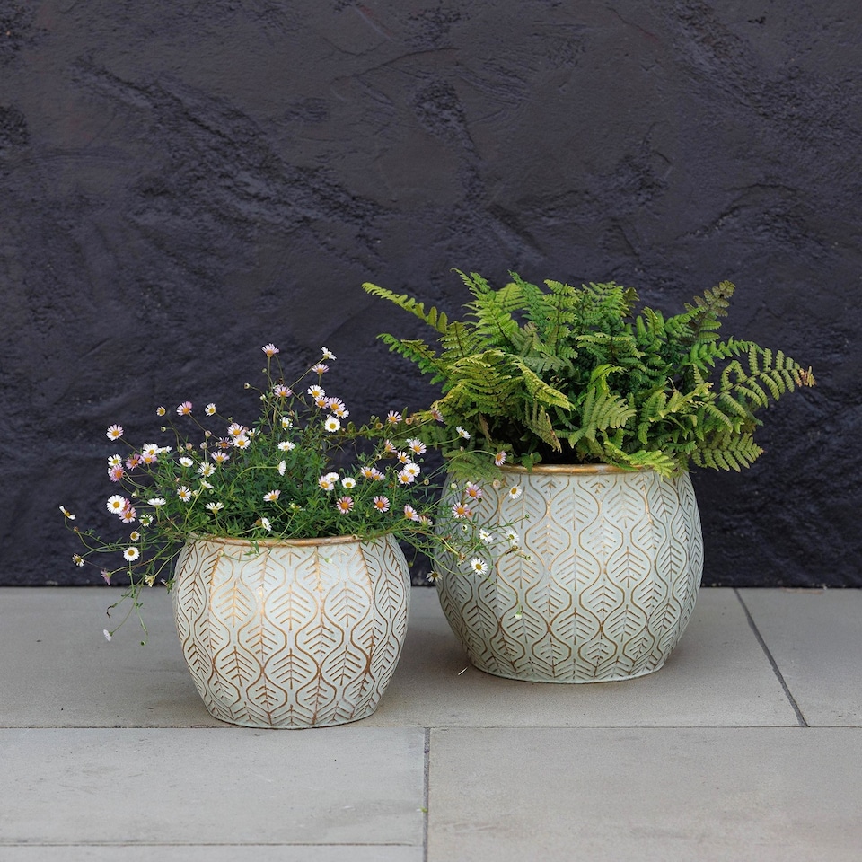 image 1 of Primrose Set of 2 Metal Leaf Design Spherical Decorative Planters in Cream 31cm | Cream | Off White