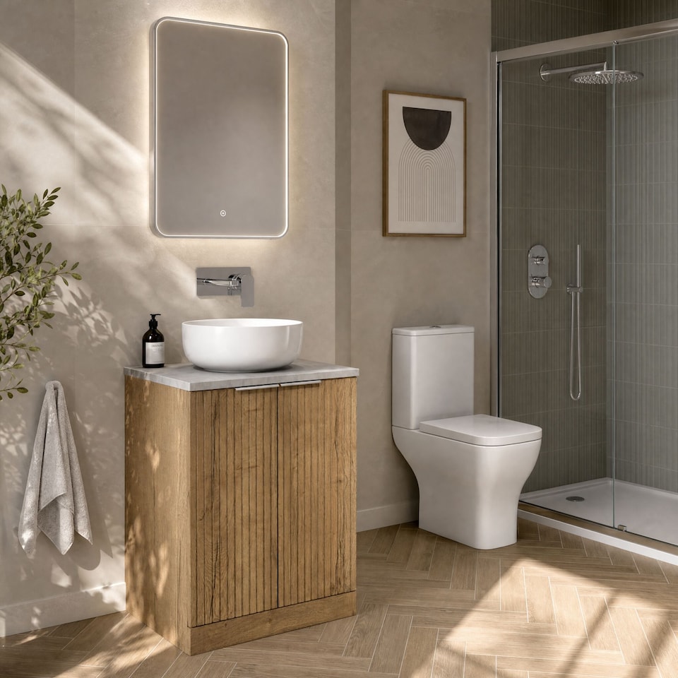 image 1 of Balterley Callingwood Contemporary Floor Standing 2 Door Vanity Unit with Bellato Grey Laminate Worktop , 600mm, Autumn Oak