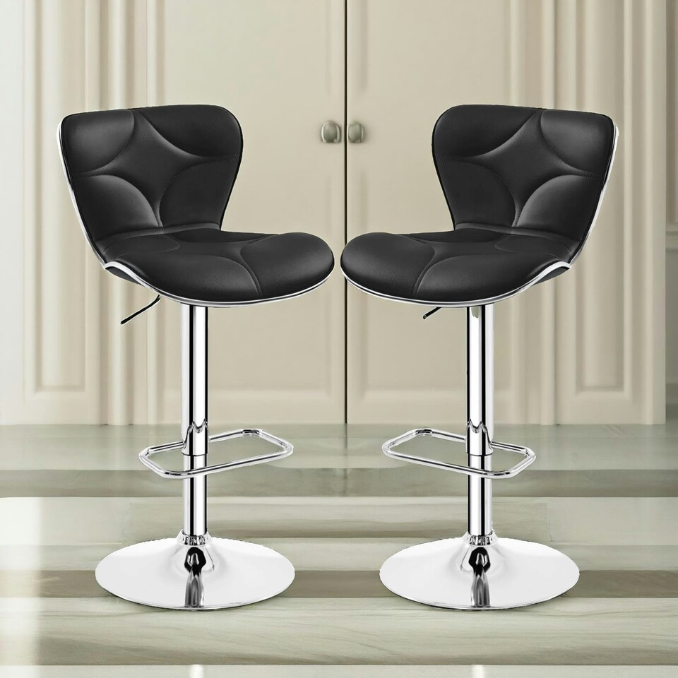 image 1 of Set Of 2 Height Adjustable 360 Swivel Barstools With Shell Backrest Black Black