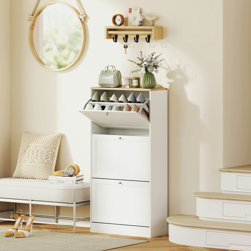 image 1 of HOMCOM Narrow Shoe Cabinet with 3 Flip Drawers for 18 Pairs of Shoes White