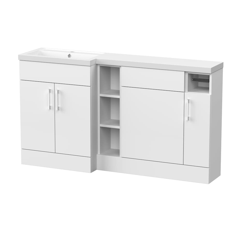 image 1 of Balterley Wichnor Floor Standing 3 Door, Open Shelf Vanity Basin WC Unit with Toilet Roll Holder and Polymarble Basin, 1500mm, Left Hand, Matt White