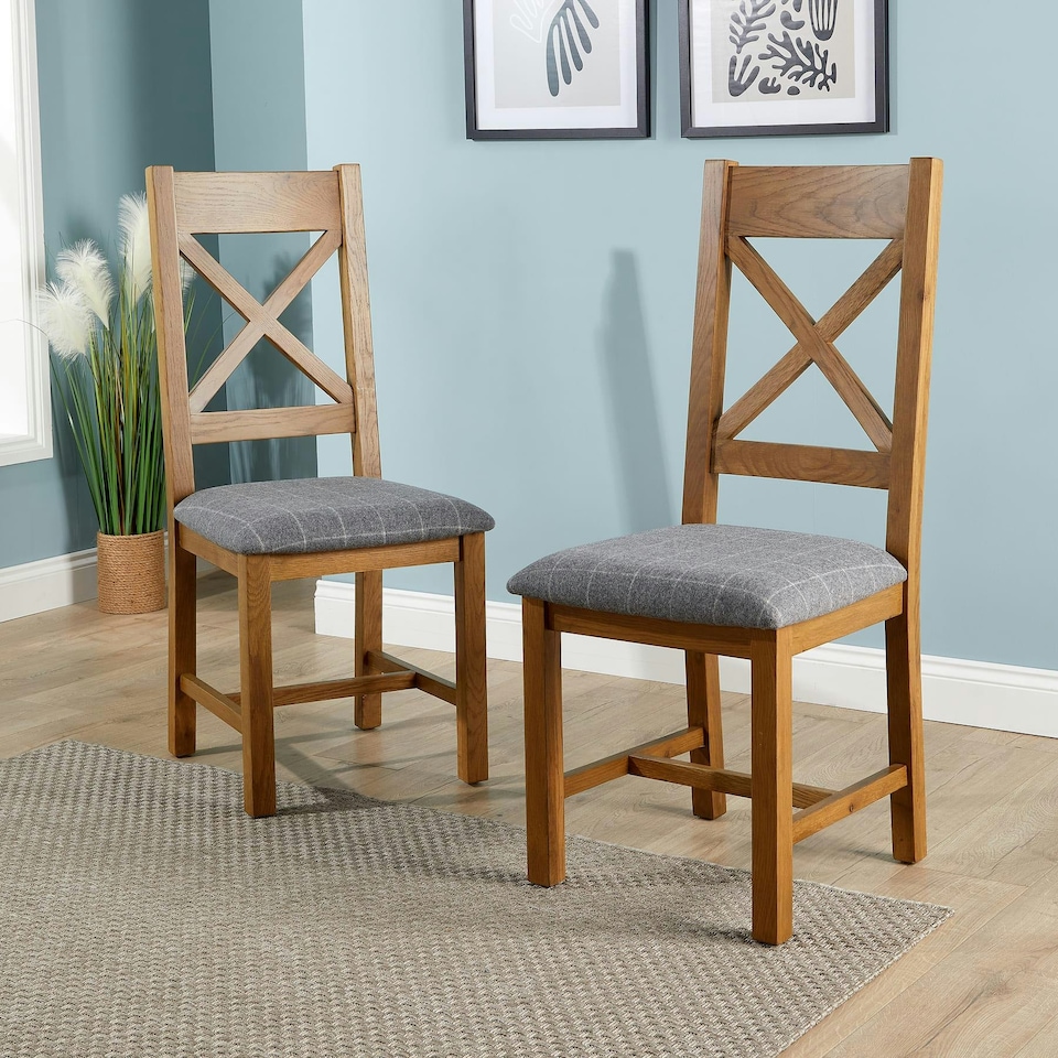 image 1 of Pair Of High Backed Dining Chairs Checked Seat Solid Oak Legs Fully Assembled Grey | Cross Back