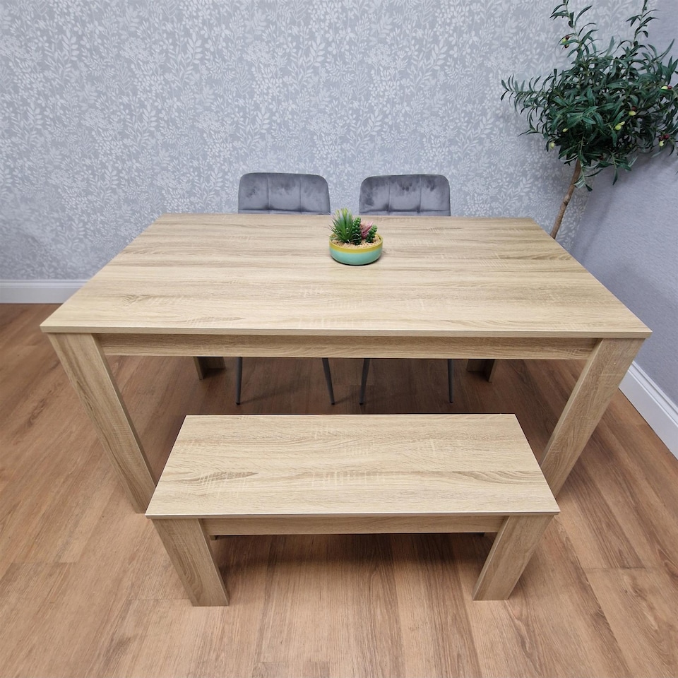image 1 of Dining Table Set Oak Effect Table With 2 Grey Velvet Dining Chairs And 1 Bench | Grey | One Size | 4