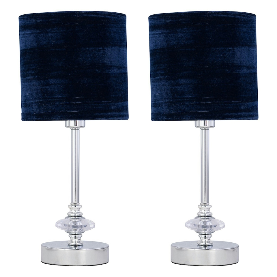image 1 of First Choice Lighting Set of 2 Chrome Jewelled Table Lamp with Navy Blue Crushed Velvet Shades Chrome | Blue