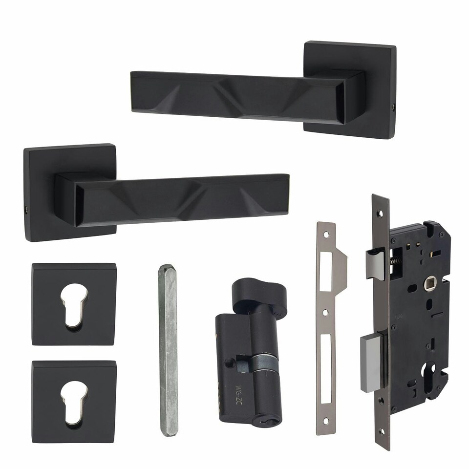 image 1 of Golden Grace Modern Nova Euro Lock Door Handles in Matt Black Finish with 70mm Key and Thumbturn Barrell Black