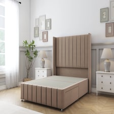 Sloomy Melbourne Mink Plush Divan Bed Base No Drawers With 54 Inch Wingback Headboard & 12 Inch Matching Footboard | Brown | Mink | King | 1