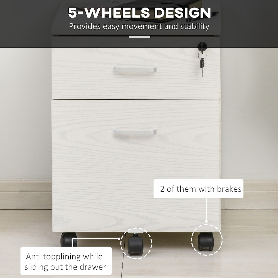 image 1 of Vinsetto 2-Drawer Locking Office Filing Cabinet w  5 Wheels Rolling Storage Hanging A4 Cupboard Home Organisation White Wood Grain