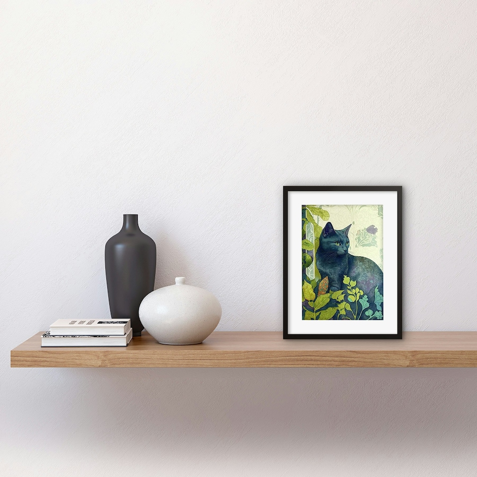 image 1 of Russian Blue Cat Bright Ornate Plants Modern Art Nouveau 9x7" Black Framed Wall Art Print