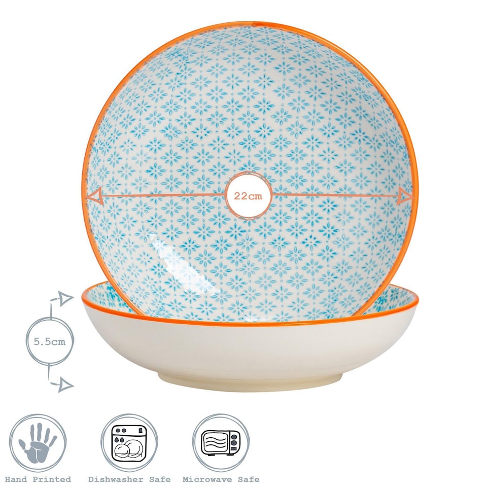 image 1 of Nicola Spring Hand-Printed Pasta Bowls - 22cm - Blue - Pack of 6 | Blue | Blue