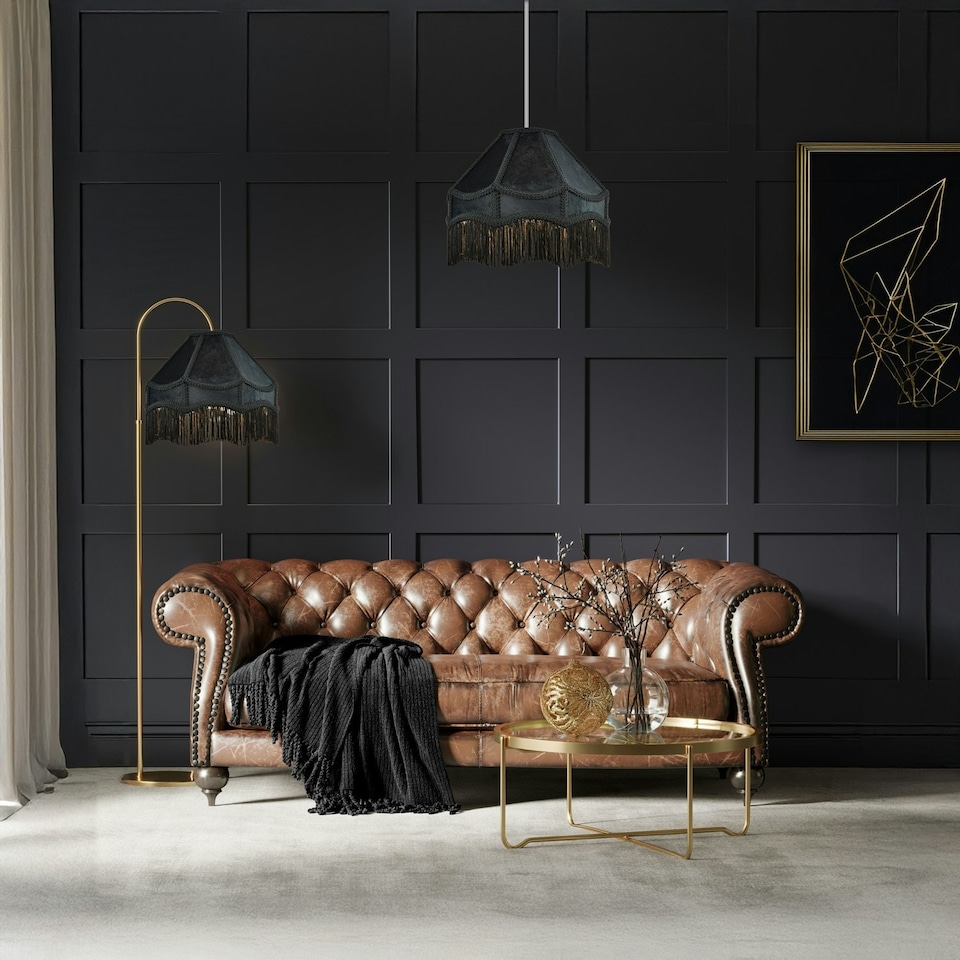 image 1 of Traditional Victorian Empire Lamp Shade in Jet Black Velvet with Long Tassels | Black