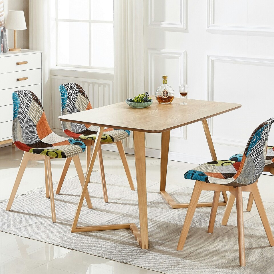 image 1 of Single Patchwork Multi Colors Fabric Dining Chair with Wooden Legs, Mid-Century Modern Accent Chair Multi