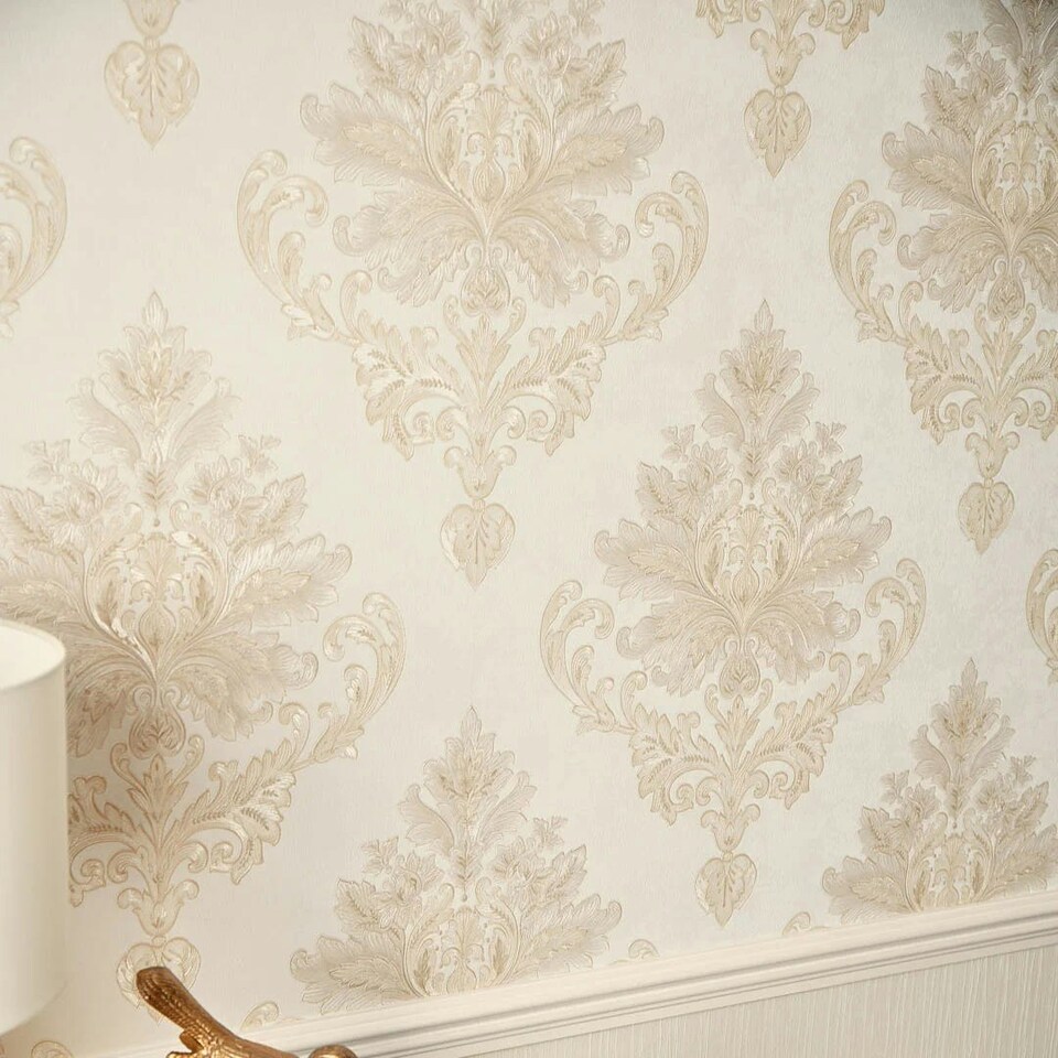 image 1 of Jasmine Damask Wallpaper in Ivory Silver Shimmer White