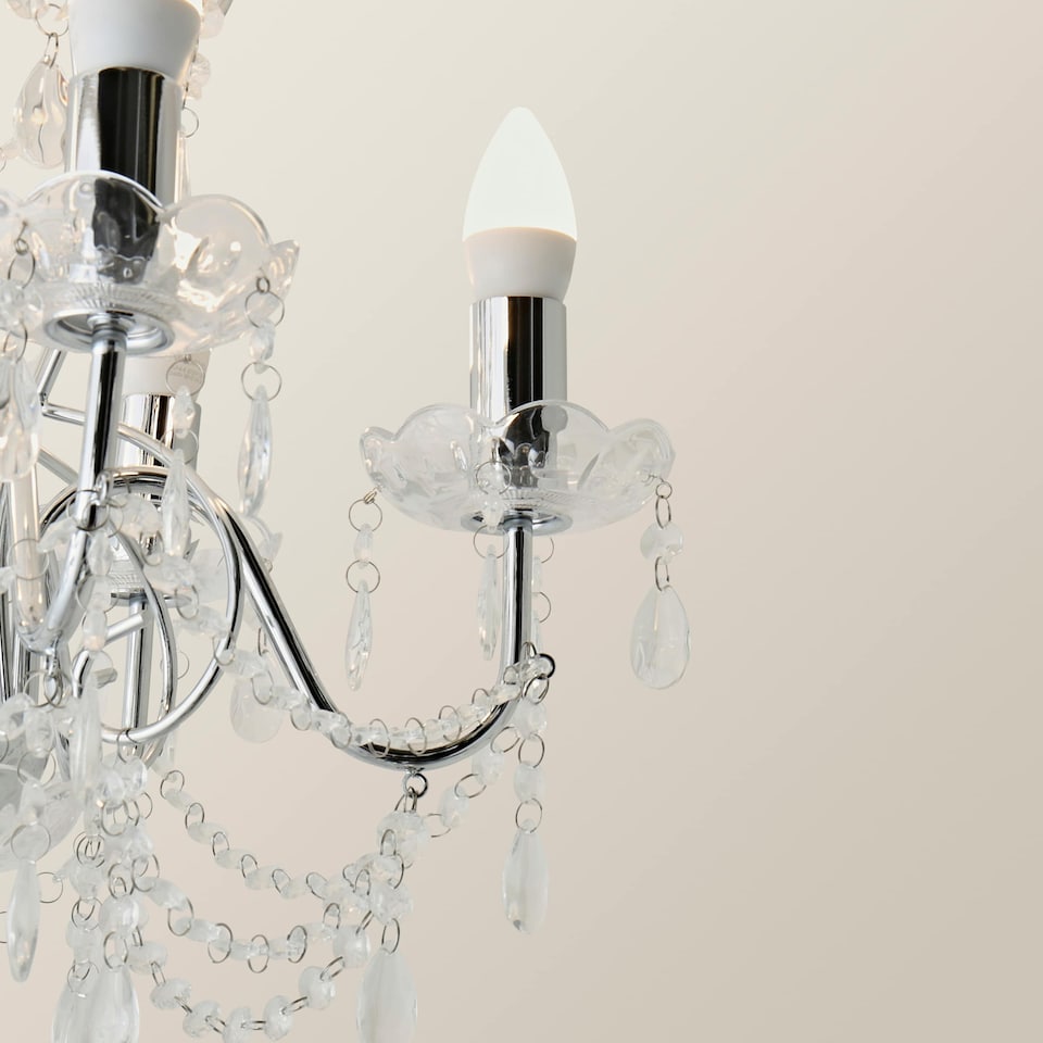 image 1 of ValueLights 5 Way Silver Chrome Ceiling Light Chandelier With Lead Crystal Droplets | Chrome