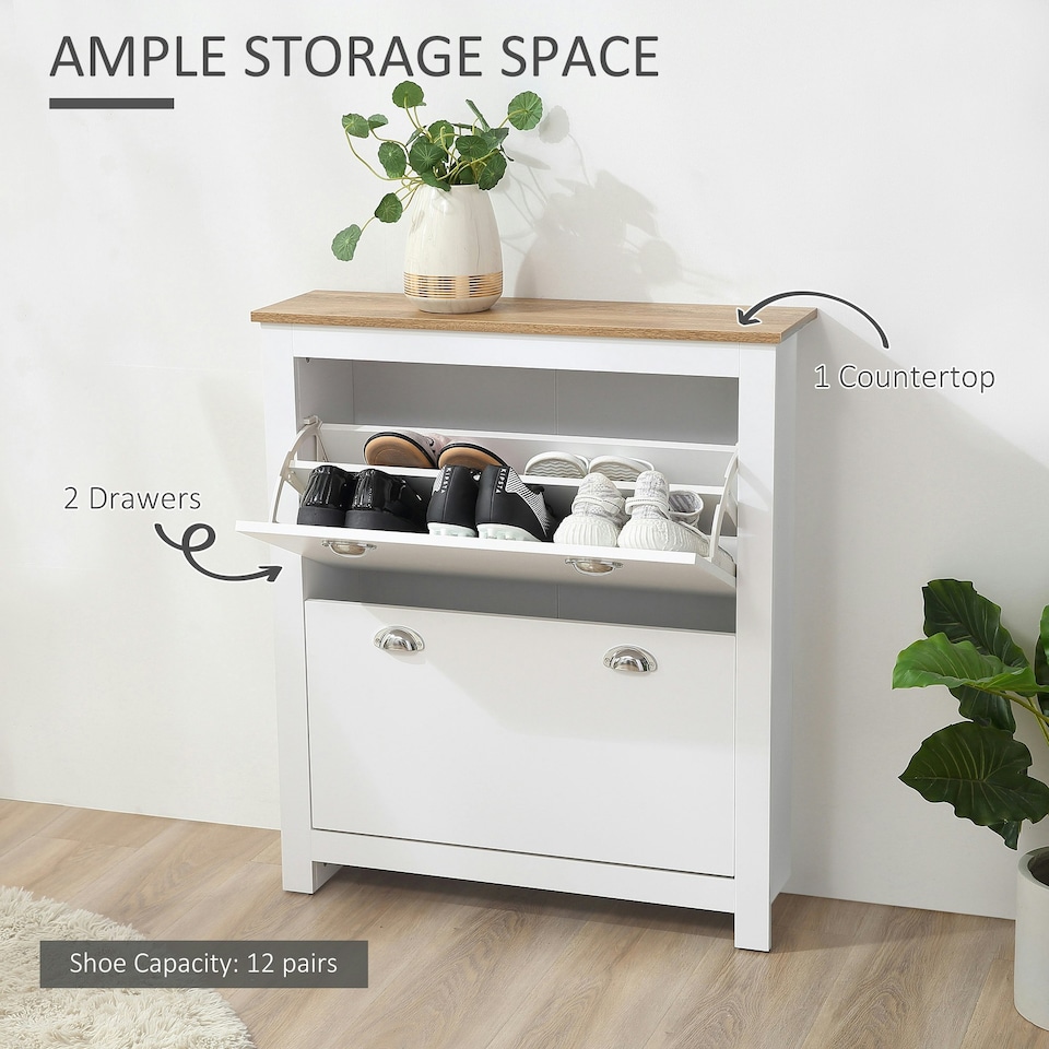image 1 of HOMCOM 2 Drawer Shoe Cabinet Narrow Shoe Cupboard with Flip Doors