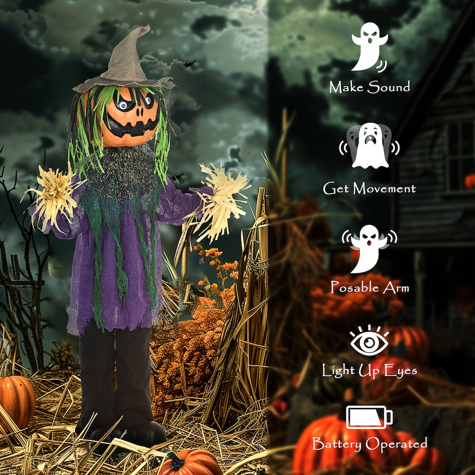 image 1 of HOMCOM 106cm 45 Pumpkin Outdoor Halloween Decoration, Halloween Animatronic with Sound Activated, Light Up Eyes, Music, Animated Prop for Haunted House