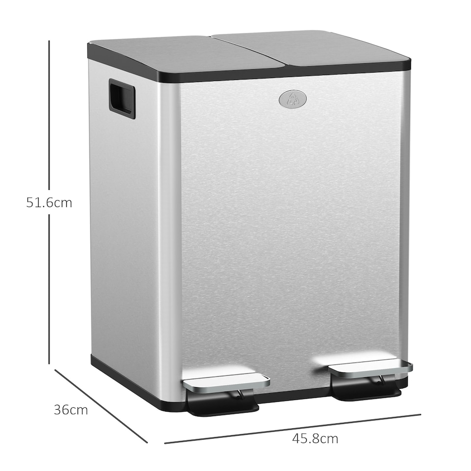 image 1 of HOMCOM 2 x 20L Dual Kitchen Bin Pedal Bin for Recycling and Waste Silver | 40L