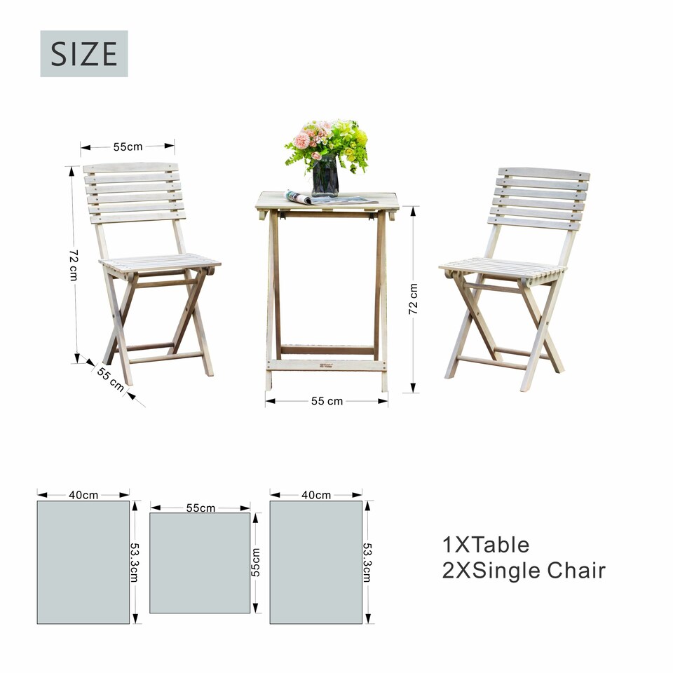 image 1 of Direct Wicker Foldable Acacia Wood Bistro Set, Sanded Natural Finish, Compact Folding Square Table Chairs Set
