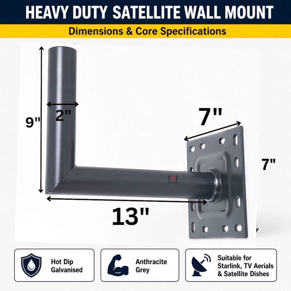 image 1 of Inbrackets Heavy Duty 2" Satellite L Shaped Wall Bracket Anthracite Grey for Starlink, Sky and TV Aerial