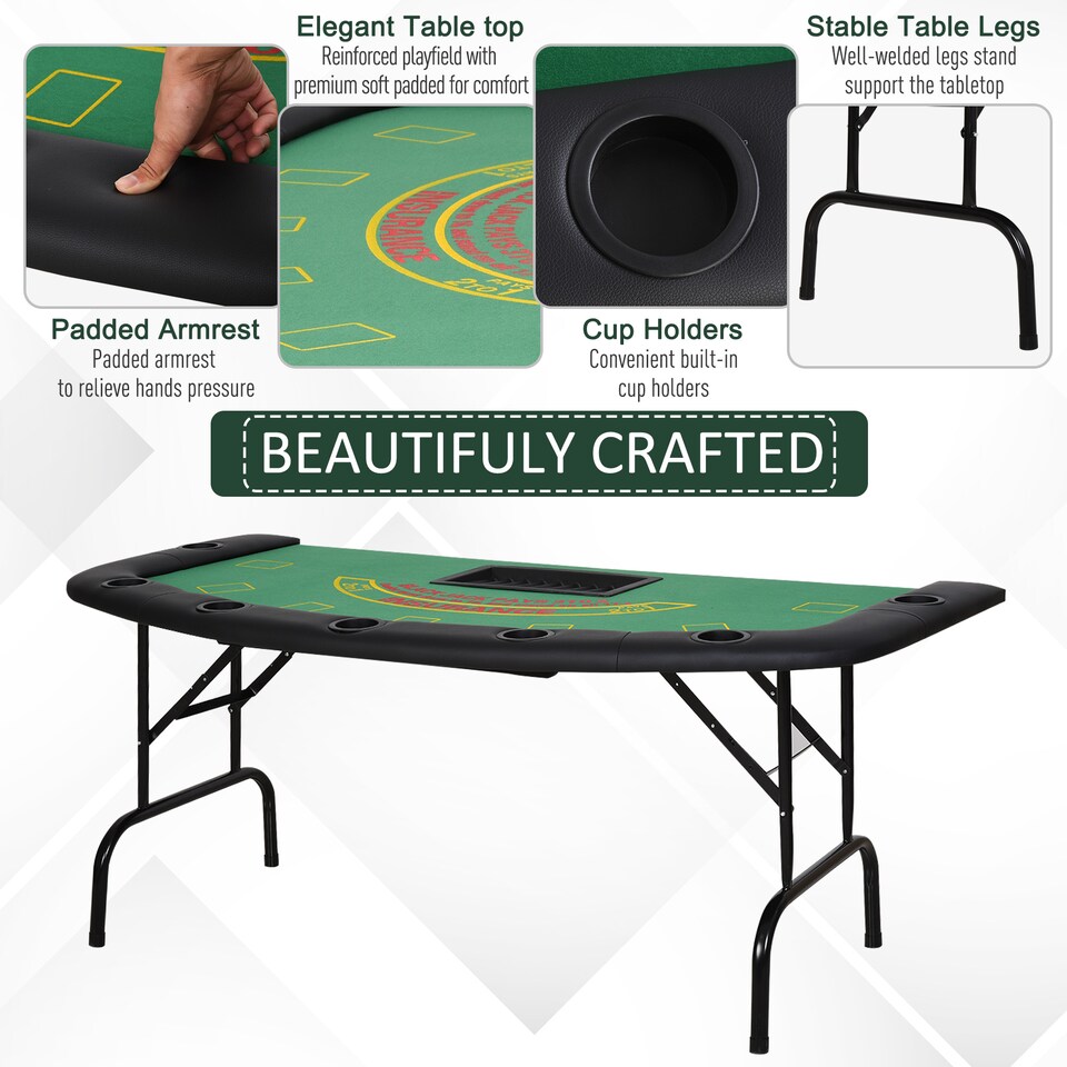 image 1 of HOMCOM 7-Player Folding Poker Table, Chip Tray, Cup Holders, 182 x 91 cm