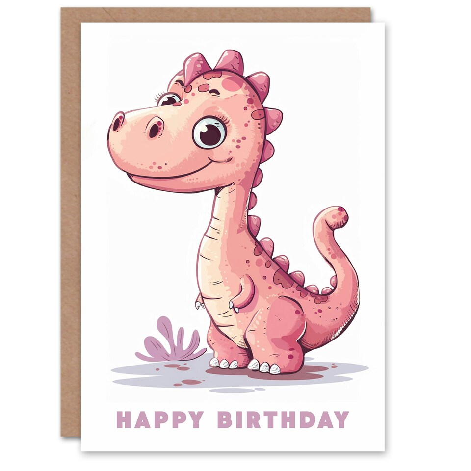 image 1 of Cute Pink Dinosaur Cartoon Kids Girl Boy Child Baby Birthday Card