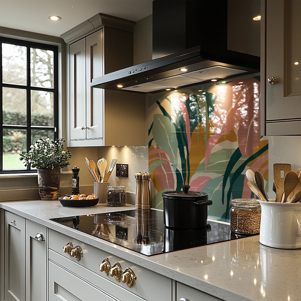image 1 of Artistic abstract leaves Designer Splash Back | White
