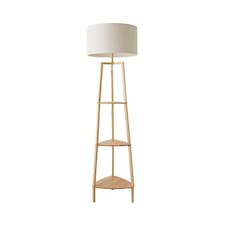 ValueLights Hiru Wooden 3 Tier Shelf Floor Lamp Cream Shade | Cream
