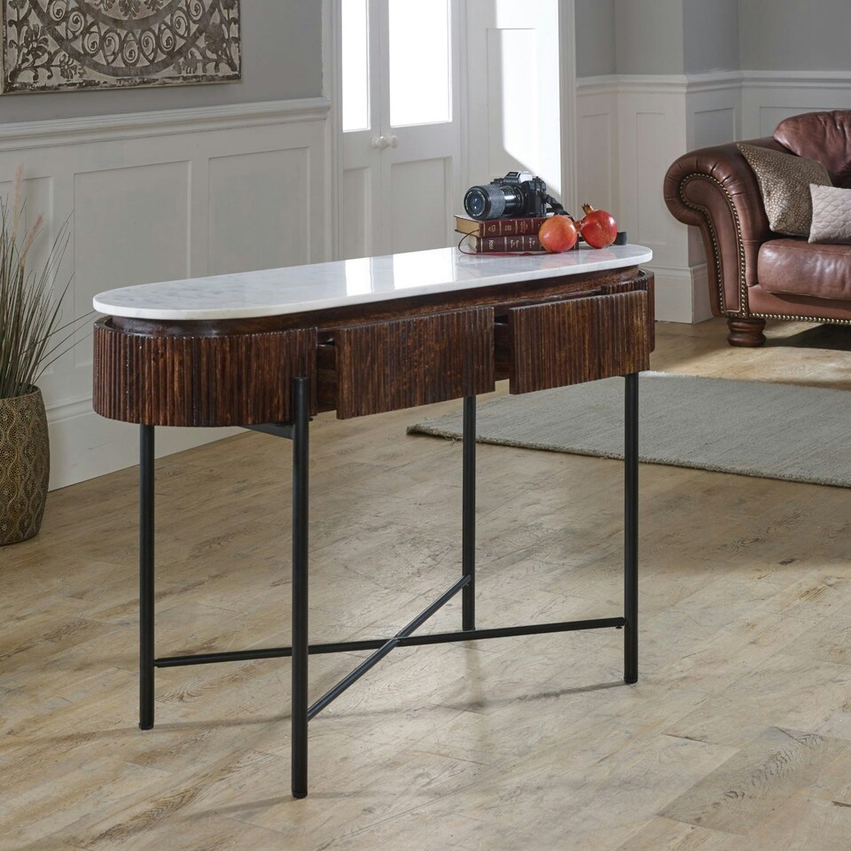 image 1 of Miel Mango Wood Console Table With Marble Top And Metal Legs Brown