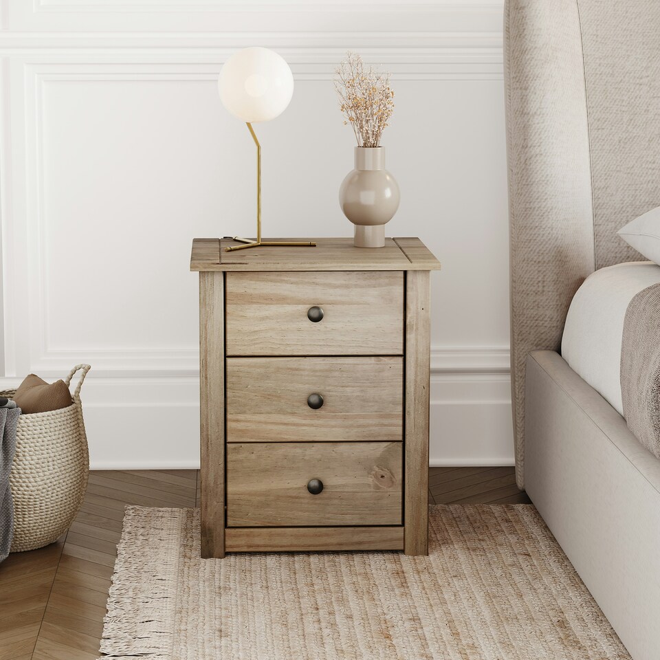 image 1 of Vida Designs Panama 3 Drawer Bedside Chest Cabinet Table Nightstand, Solid Pine Wood