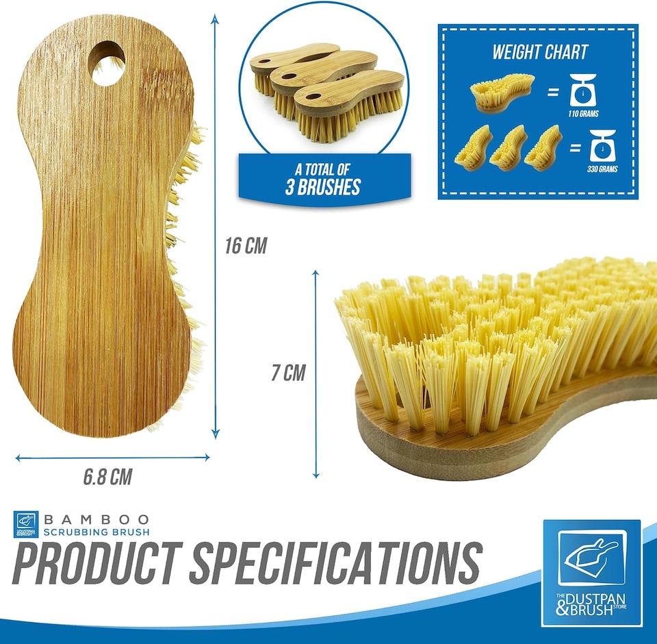 image 1 of Bamboo Stiff Scrubbing Brush Heavy Duty Hand Scrub Brush Set for Tiles & Carpets - Pack of 3