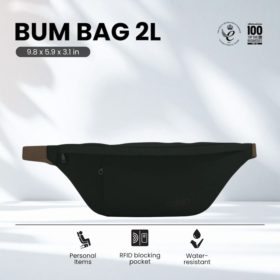 image 1 of CabinZero Bum Bag 2L, Anti-Theft RFID Blocking Travel Hip Pack | Black | Black Sand