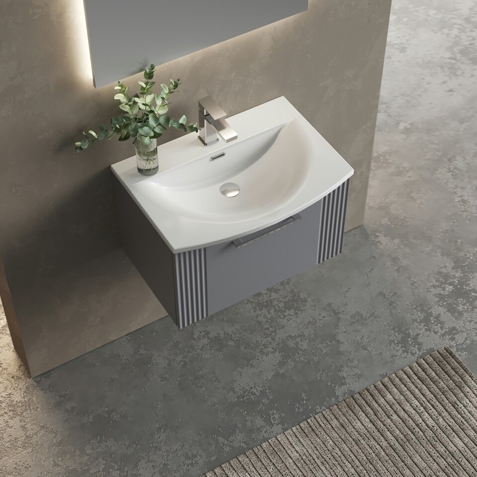 image 1 of Retro 1 Drawer Wall Hung Vanity Unit with Curved 1 Tap Hole Ceramic Basin - 600mm - Satin Grey - Balterley Grey