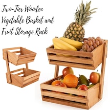 Two-Tier Wooden Vegetable Basket & Fruit Storage Rack – Freestanding Countertop Food Storage Bowl for Kitchen Organisation