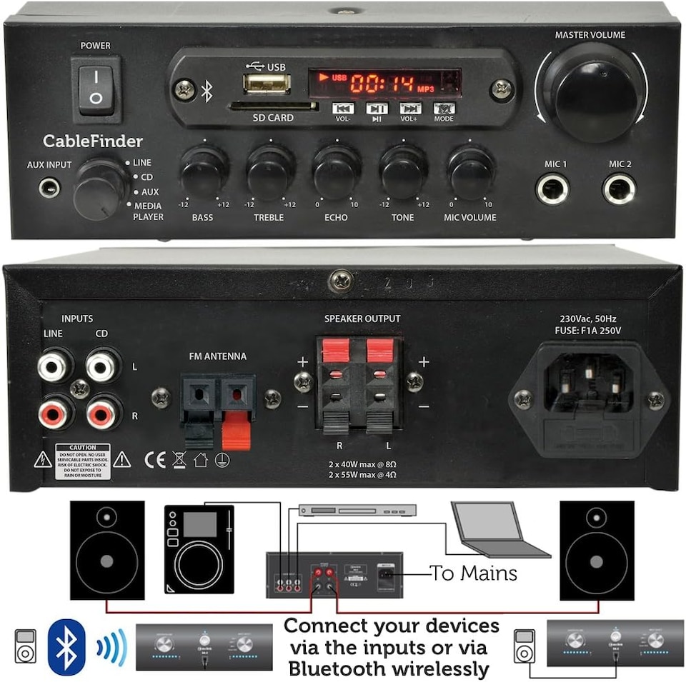 image 1 of Home Bluetooth Speaker System - 4x Black Wall Speakers & Amplifier Set - Background Music Wireless