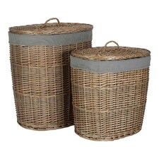 Set of 2 Antique Wash Grey Cotton Lined Oval Willow Laundry Basket
