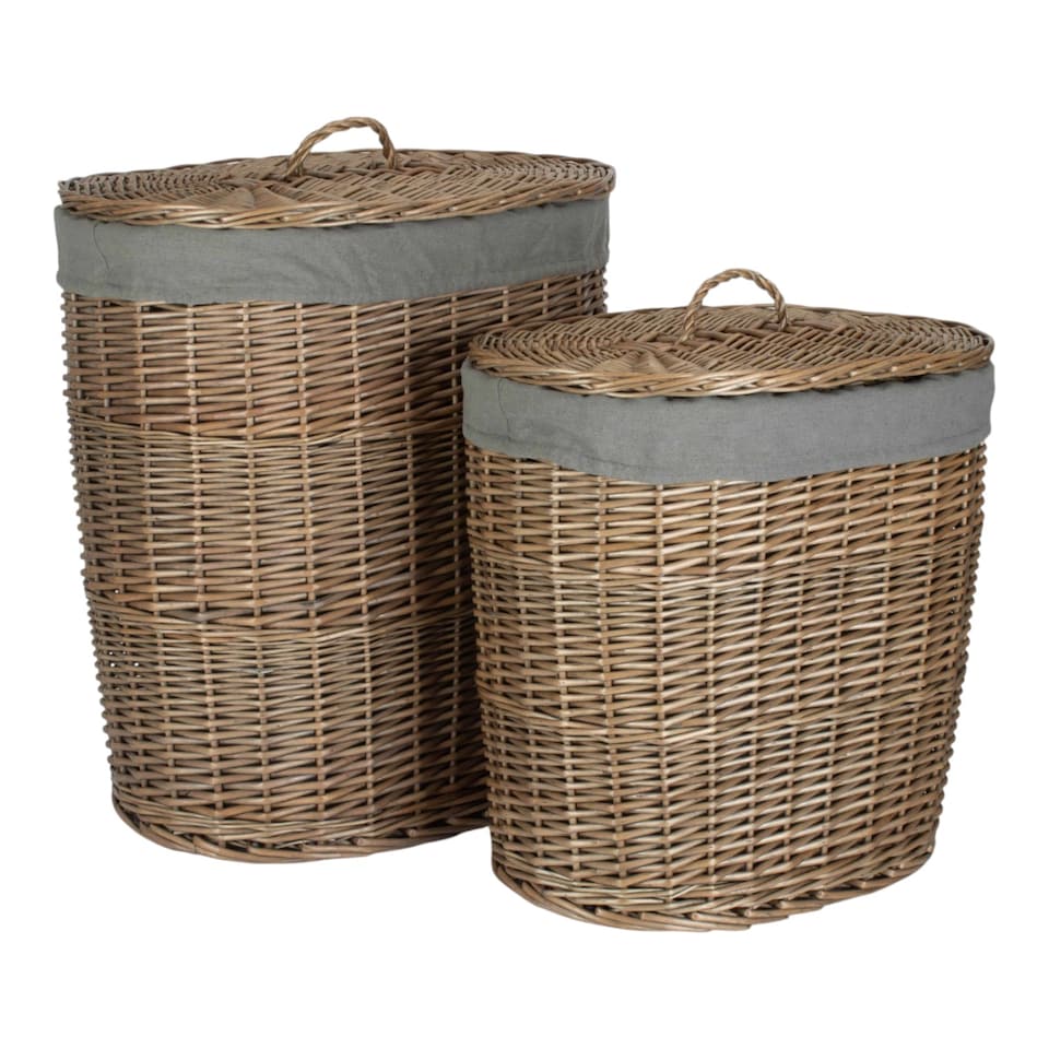 image 1 of Set of 2 Antique Wash Grey Cotton Lined Oval Willow Laundry Basket